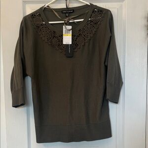Cable & Gauge Olive Crochet-Trim Scoop Neck Sweater